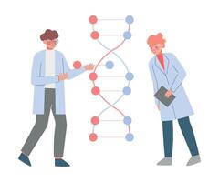 Scientists in Lab, Tiny People in White Coat Doing Professional Researchers with Dna Structure, Genome Modification Flat Style Illustration vector