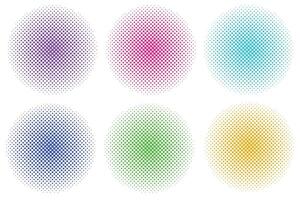 Abstract halftone circular patterns of blue circular dots in purple pink cyan blue green and yellow vector