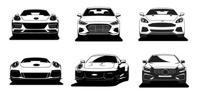 Car icons front view set with silhouettes of various vehicles in black style for transport and automobile design vector