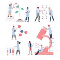 Scientists in Lab, Team of Bioengineers in White Coat Doing Professional Science Researchers Flat Style Illustration vector