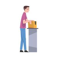 Man Standing at Table Checking Cardboard Box Preparing Goods For Dispatch, Guy Working with Parcels in Warehouse Cartoon Illustration vector