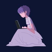 Guy Sitting under the Blanket with Laptop Computer at Night, Person Using Digital Gadget for Playing Online Game or Chatting on Social Networks Illustration vector