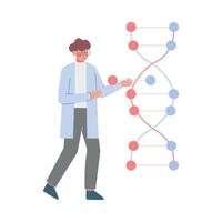 Male Scientist in Lab, Tiny People in White Coat Doing Professional Researchers with Dna Structure Flat Style Illustration vector
