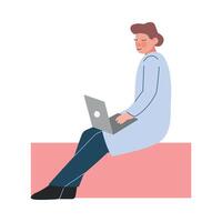 Scientist or Doctor Character in White Coat Working with Laptop Computer Flat Style Illustration vector