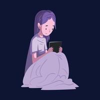 Girl Sitting under the Blanket with Tablet PC at Night, Person Using Digital Gadget for Playing Online Game or Chatting on Social Networks Illustration vector