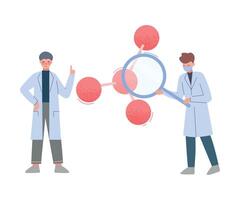 Scientists in Lab, Men in White Coat Analyzing Molecular Structure with Magnifying Gass Flat Style Illustration vector