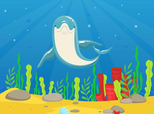 Dolphin Swimming under the Water, Front View of Beautiful Sea Animal in Huge Oceanic Aquarium or Dolphinarium Illustration