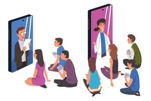 Communication via the Internet, Videoconferencing and Online Meeting Workspace Illustration vector