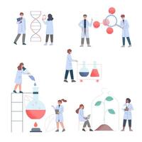 Scientists in Lab, Team of People in White Coat Doing Professional Science and Medical Researchers Flat Style Illustration vector