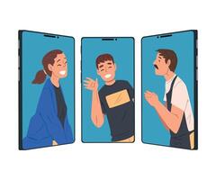 Group of People Connecting via Social Network, Men and Woman Chatting Online Using Smartphone Call, Communication via the Internet Illustration vector