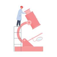 Scientist in Lab, Tiny Man in White Coat Doing Professional Researchers with Huge Microscope Flat Style Illustration vector
