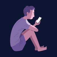 Guy in Pajamas Sitting with Smartphone at Night, Person Using Gadget in Bedtime Illustration vector