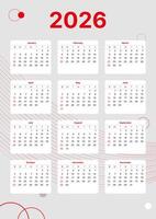 vertical calendar template 2026 with week start on sunday, european printable gray red calendar vector