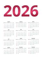 minimalist 2026 calendar template on white background with red large year numbers vector