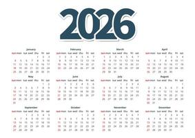 modern horizontal calendar template for 2026 with week starting on sunday vector