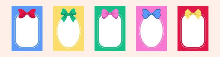 Set of bright frames with bows and space for text, for decorating postcards, holidays, birthdays. vector