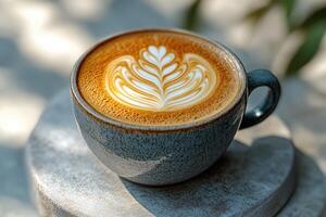 A cup of coffee with a leaf design in it photo