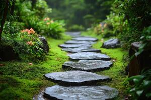 Glistening Pathway Through Lush Garden After Refreshing Rainstorm photo