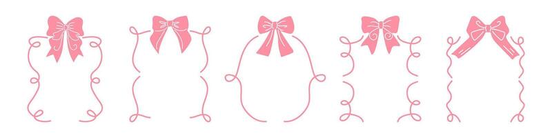 Cute naive frames with bows. Doodle set of pink frames with ribbons. vector