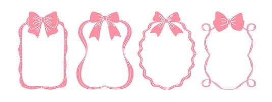 Cute naive hand-drawn frames with bows. Doodle set of pink frames with ribbons. vector