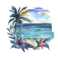 Seascape daytime with sky, sea and shore in the form of a circle decorated with palm trees, starfish, flowers and leaves. Watercolor illustration hand drawn. Arrangement isolated from the background. vector