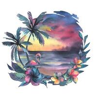 Seascape sunset with sky, sea and shore in the shape of a circle decorated with palm trees, flamingos, flowers and leaves. Watercolor hand drawn illustration. Arrangement isolated from the background. vector