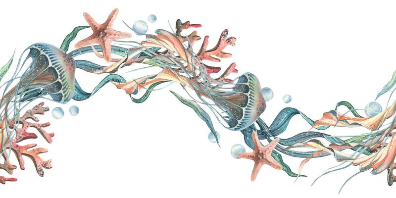 Jellyfish, seashells, seaweed, starfish, corals, sea sponges and pebbles, bubbles. Marine, nautical watercolor illustration of the underwater world hand drawn. Seamless pattern horizontal wave border