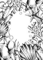 Corals, sea sponges, seaweed, shells, starfish and bubbles. Hand drawn graphic illustration in black and white color line art. Frame vertical template for text on marine theme vector