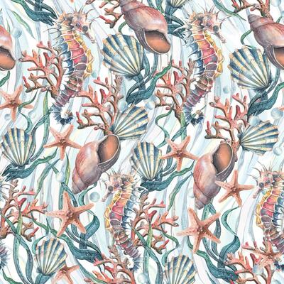Seahorse seashells, seaweed, starfish, corals, sea sponges and pebbles, bubbles. Marine nautical watercolor illustration of the underwater world hand drawn. Seamless pattern wave on a white background