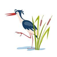 Cartoon illustration of heron standing in reeds by the water. Elegant wading bird in natural wetland habitat. Symbol of wildlife protection, biodiversity and environmental balance. Flat vector
