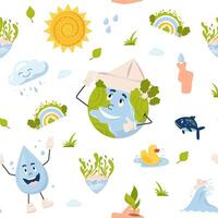 Kid's save Earth pattern. Caring for nature and environment. Cute cartoon planet earth character. Save water and green planet. Eco-friendly design for wrapping, fabric, wallpaper, texture vector