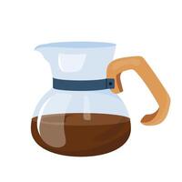 illustration of glass coffee server with wooden handle, filled with freshly brewed coffee. Flat style kitchenware icon, perfect for cafe menu design, food packaging or brewing tutorials. vector