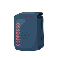 Rectangular espresso coffee pack in flat style. Minimal modern packaging with valve, dark color and bold lettering. Ideal for branding, design, cafe menu. Coffee bean bag. Flat illustration vector