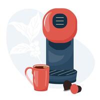 Drip coffee machine with cup of americano. Capsule espresso maker. Design element of brewing hot drinks device with portafilter, capsules and cup. Flat illustration isolated on white background vector