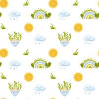 Seamless pattern with hand-drawn whimsical elements sun, cloud, rainbow and eco heart Gentle nature themed stylized design in soft colors for modern prints, textile, wrapping paper. vector