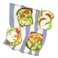 Set of healthy toasts on a napkin Open sandwich for breakfast or launch with poached eggs or omelet, avocado slices, cherry tomato, salad, mozzarella. illustration flat style isolated vector
