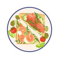 Two open-faced sandwich with salmon slices and shrimp on plate. Top view of vegan breakfast seafood toast with smoked red fish. Flat illustration of healthy snack isolated on white background vector