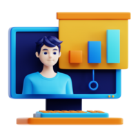 A man is sitting on a computer with a bar chart on it png