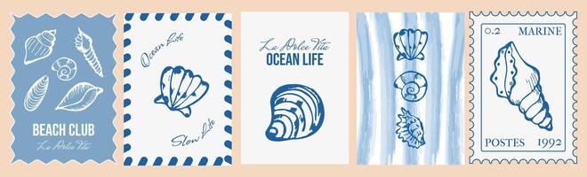 Vintage Stamp set with Doodle or Hand Drawn Shells and Italian Cute Handwritten Typography. Wall Art Summer Postcard Stamp with Ocean Sea Elements. Beach Frame or Border Element Sketch Shells Design. vector