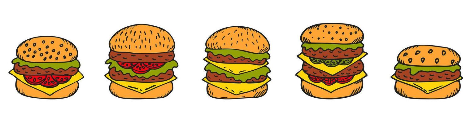 Color Doodle Burger Set Isolated On White Background. Hand Drawn Style Hamburger Collection. Fast Food Sketch for Menu, Restaurant, Posters, Banners, Flyer. Line Art Design.
