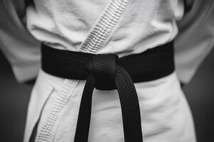 A black belt is tied around the waist of a person photo