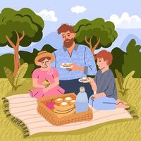 Enjoy a delightful Family Picnic in Nature Sharing and enjoying delicious snacks together vector