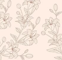 Flowers in line art style on beige background. Botanical ornament in hand drawn style.Editable stroke. Wallpaper. Line silhouette. Outline. Natural foliage. Minimalistic contour. Simple print vector