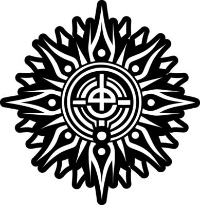 A black and white sun with a cross in the center