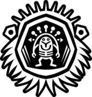 A black and white logo with a skull and a sun vector