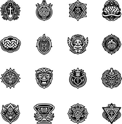 A set of black and white emblems with various designs