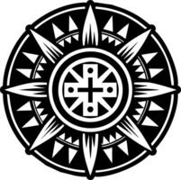 A black and white logo of a sun with a cross in the center vector