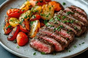 Grilled steak with vegetables on a plate photo