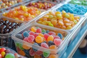 Overflowing Delights A Clear Plastic Container of Colorful Treats photo