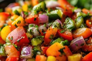 A close up of a salad with tomatoes, onions and herbs photo